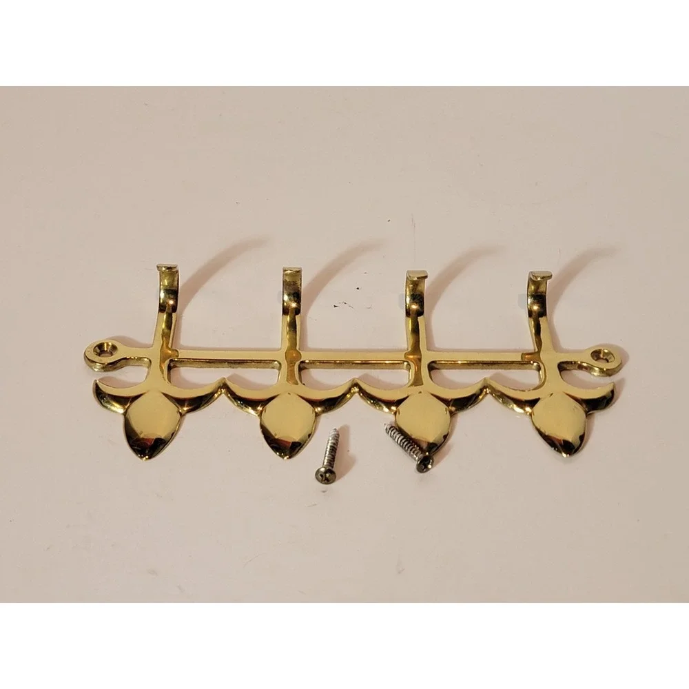 Solid Bright Shiny Brass 4 Hook Key Ring Holder Bathroom Robe Towel Entry Hanger